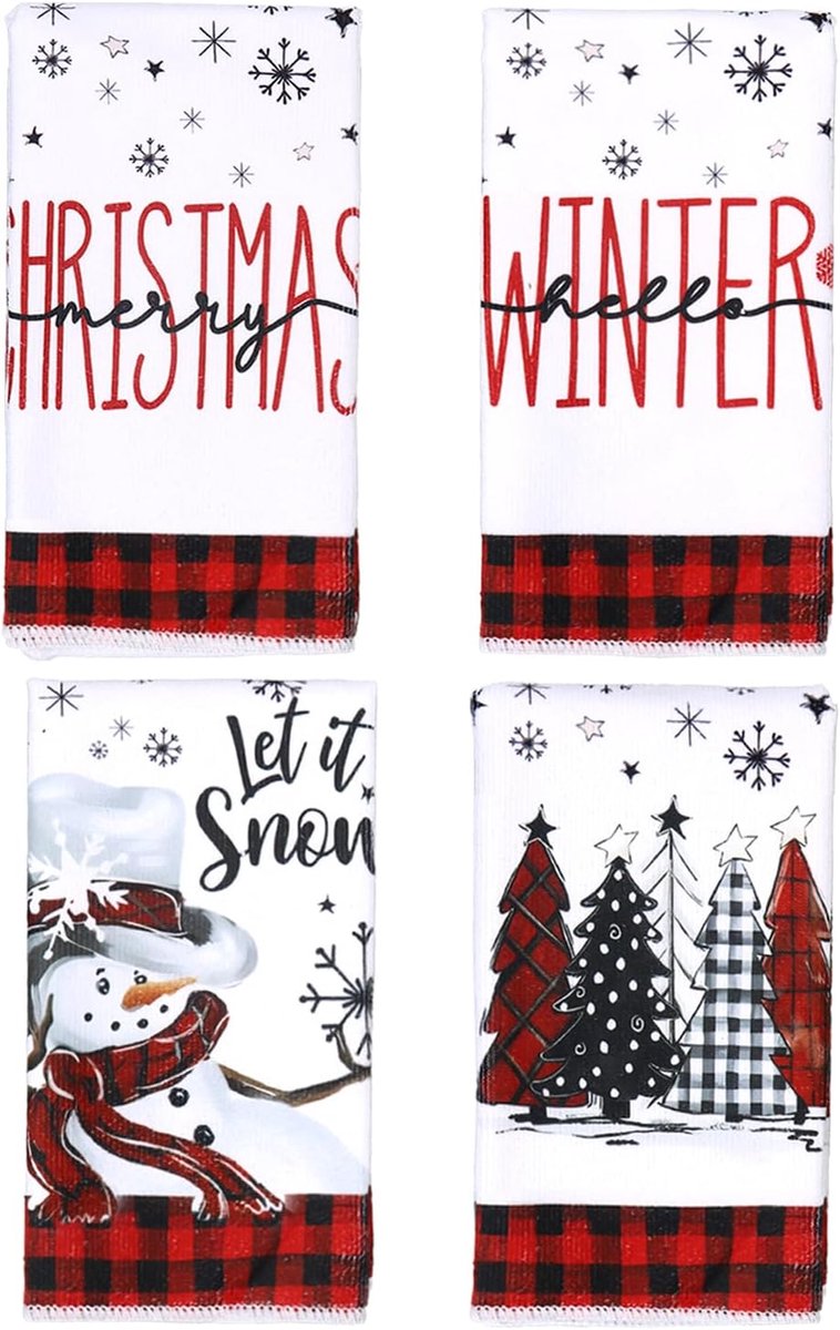 SnelShoppen - Kerst Keukenhanddoeken Set van 4, Polyester, Rood en Wit, 60x40 cm, Perfect voor Feestdagen en Tafeldecoratie