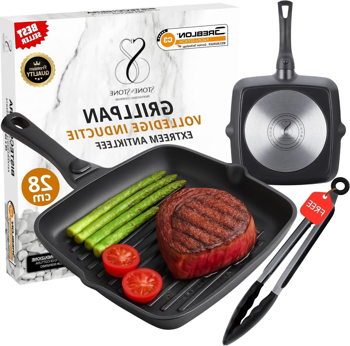 Grillpan Vierkant - Koekenpan Non-stick - Gezond Grillen - Afneembare Handgreep - 28 x 28 cm - Zwart