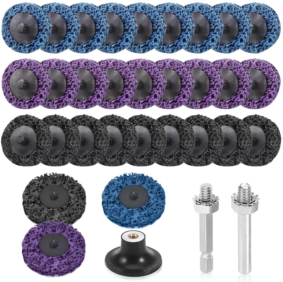 SnelShoppen - 30 Stuks Coarse Schoonmaakschijven 5 cm Schuurmachine Schuurdiscs Set met Twee Steunstangen voor Roest Polijsten in 3 Kleuren
