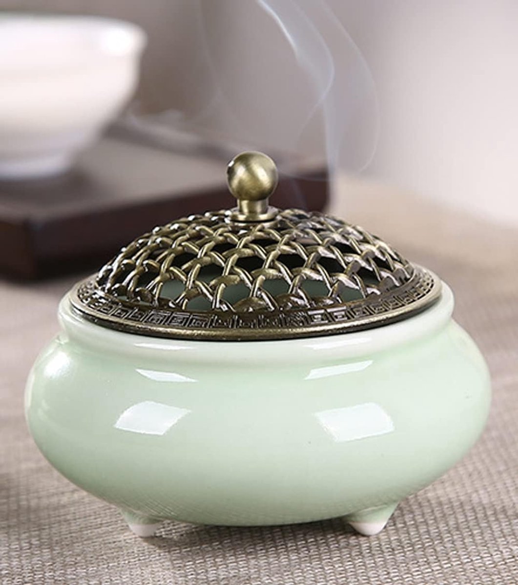 SnelShoppen - Vintage Keramische Wierookbrander Met Metaal Deksel - Vuurvast Wierookstokhouder - Rond Chinese Porselein Rookkom Voor Thuis Meditatie K