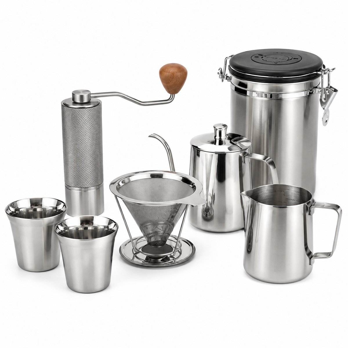 My Green Deal Complete RVS Koffieset – Koffiemolen, Koffiefilter, Koffiebus 1,8 L, Koffiekan, Melkkan en 2 Bekers