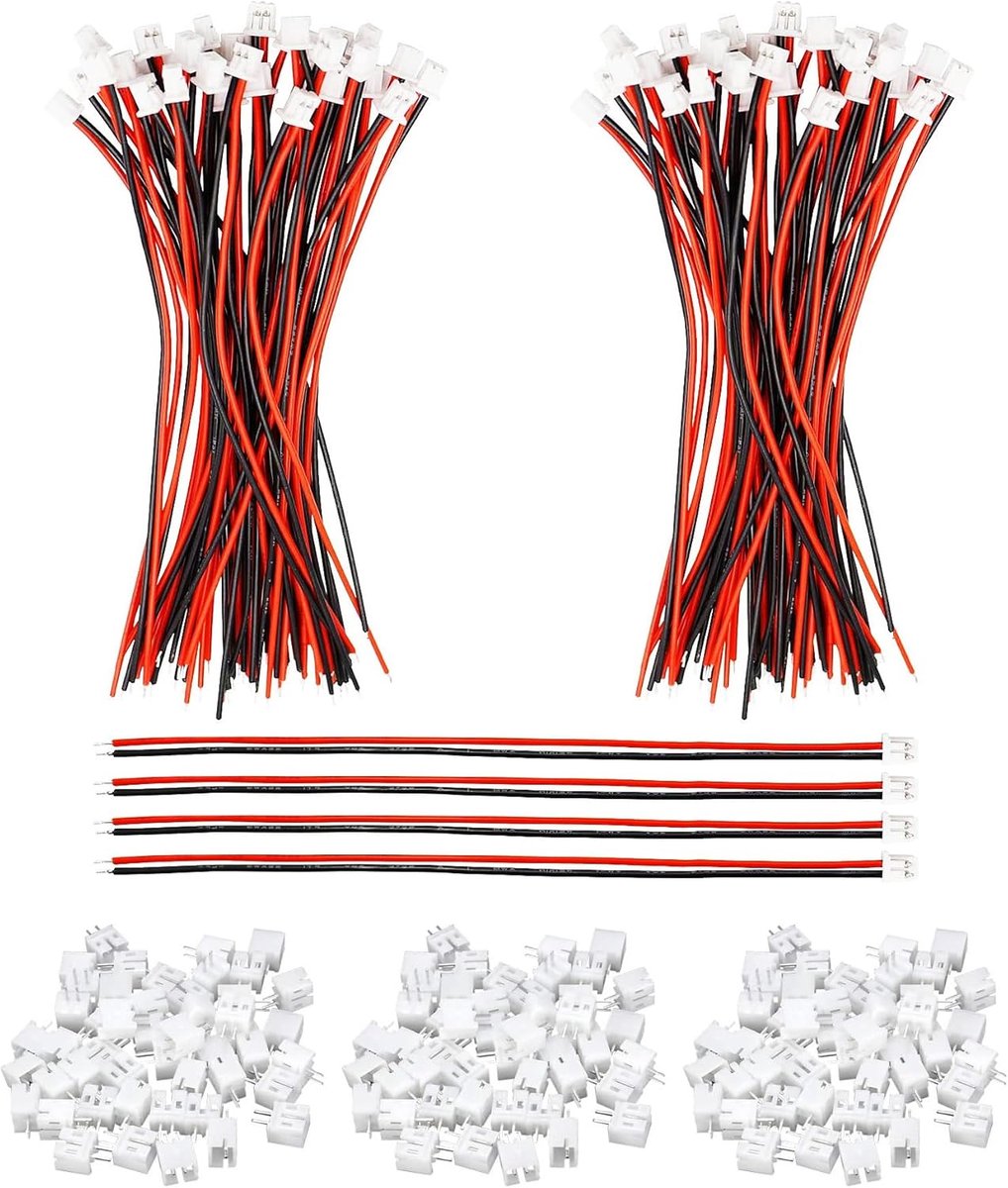 SnelShoppen - 100 Pairs Micro JST-PH 2.0 2 Pin Male Female Stekkers, JST Rode en Zwarte Connectoren, Mini Plug met 10cm Siliconen Kabel