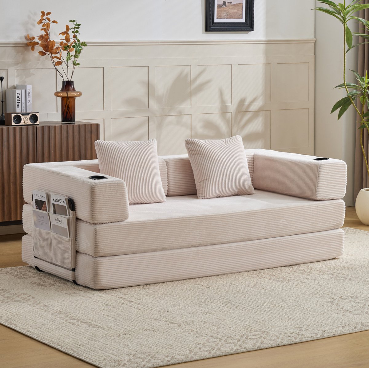 MIVRAY Slaapbank 185 Cm - Opvouwbare Vloerbank Met Kussen, Armleuningen, Bekerhouder En Zijvak - Voor Woonkamer En Slaapkamer - Corduroy Wit