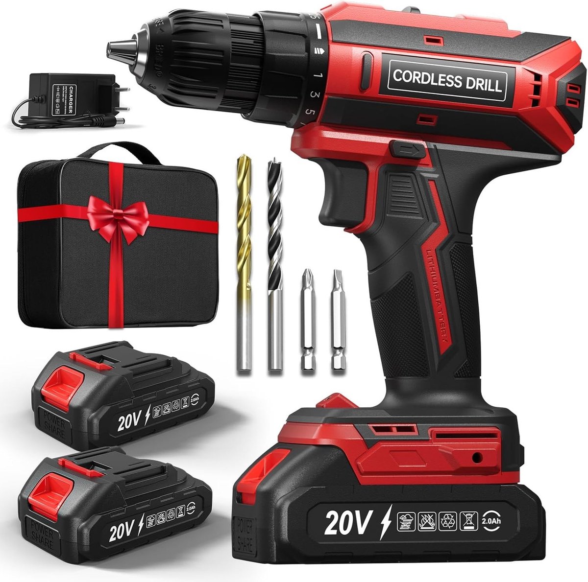 Draadloze schroevendraaier set met 2 x 2000 mAh batterijen, 20 V kracht, 42 Nm max koppel, 2-snelheden, 25 + 1 koppelinstellingen, 10 mm boorhouder en LED verlichting voor veelzijdig gebruik.