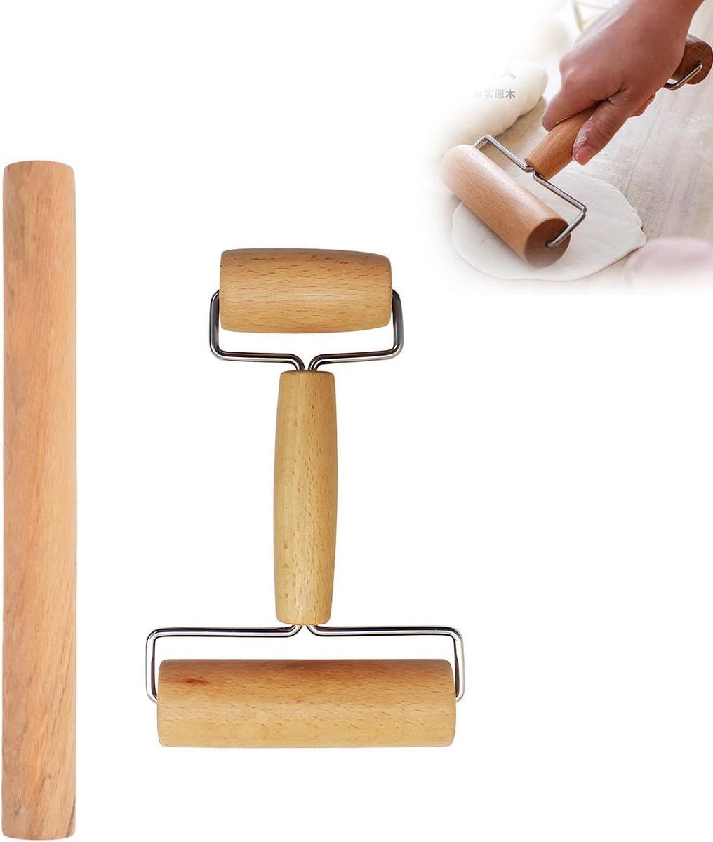 SnelShoppen - Double Head Deegroller, Beukenhout, 2-in-1 Deegroller voor Pizza, Koekjes, Fondant en Dumplings, 17.5 x 11.5 x 3 cm