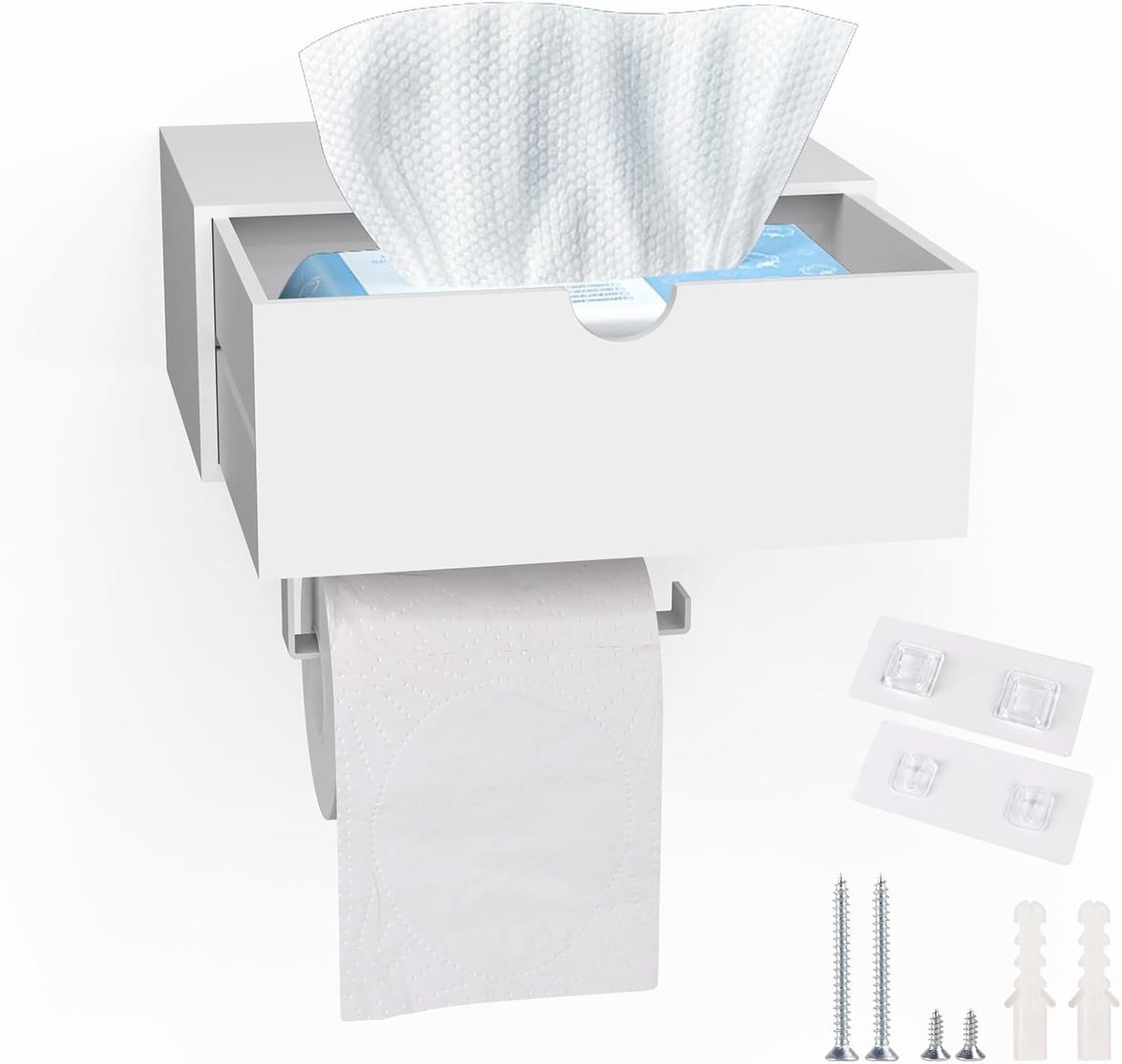 SnelShoppen - Toiletpapierhouder met Doekjesbox - Zelfklevend Bamboe en RVS - Wandmontage Zonder Boren - Toiletrolhouder met Plank voor Badkamer en Ke