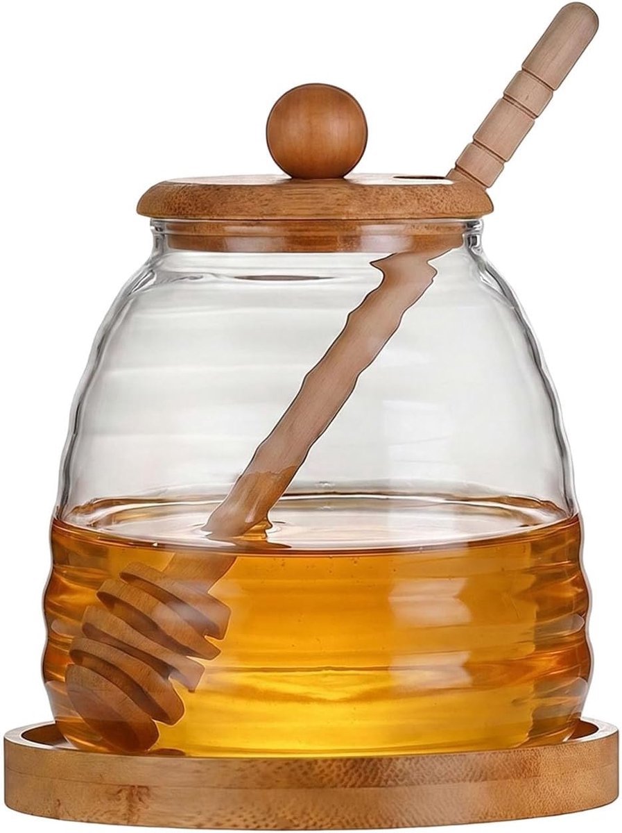 SnelShoppen - 16oz Glazen Honingpot met Dipper en Bamboedeksel - Breedmond Syrup Dispenser voor Koffiebar, Keukenorganisatie, Transparant, 13.5cm Hoog