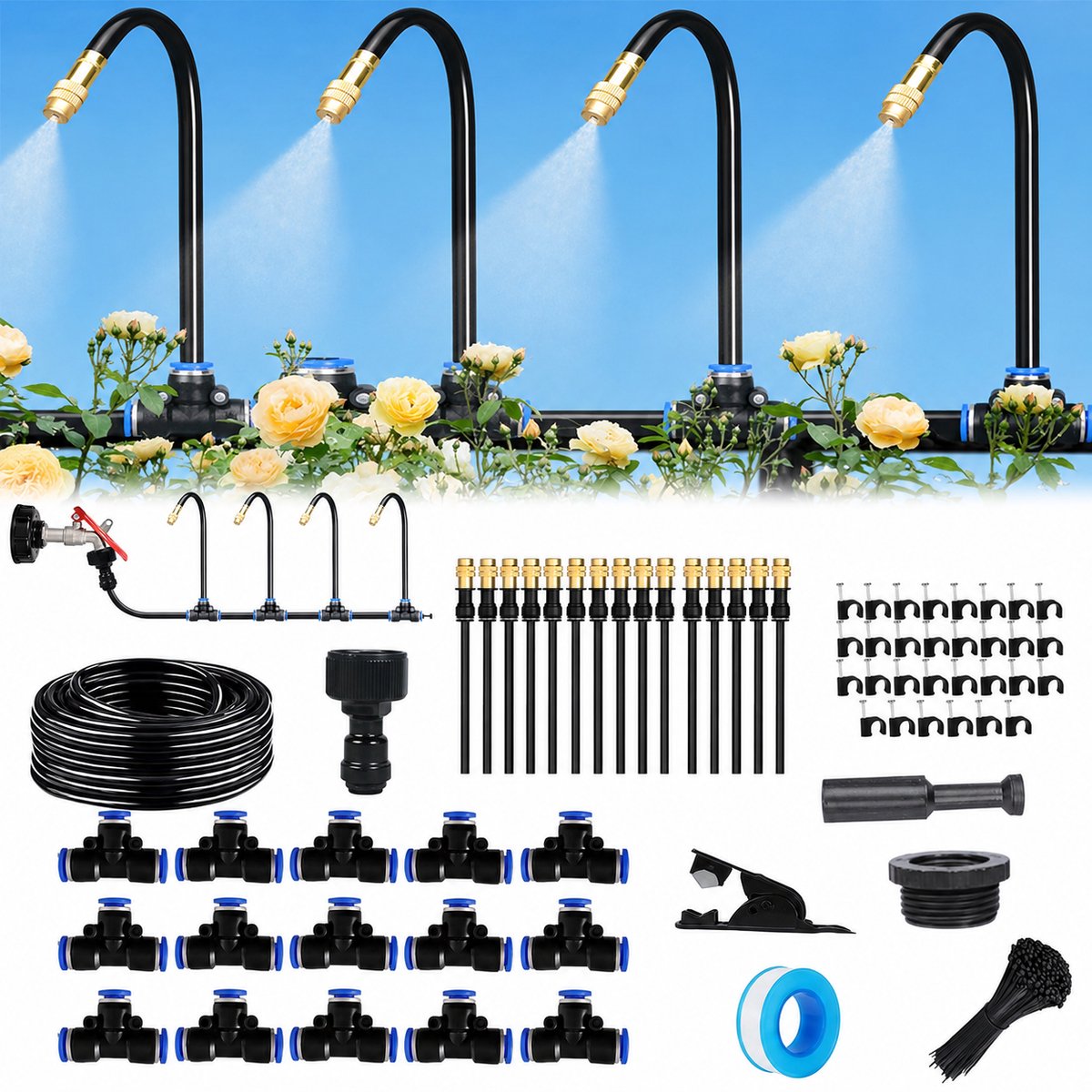 Automatisch bewateringssysteem – Tuinbewateringssysteem met 15 m slang – Irrigatiesysteem met 15 × 360° verstelbare sproeiers – Mistbewateringssysteem en plantenbewateringssysteem – Verstelbare tuinsproeier, 6 mm