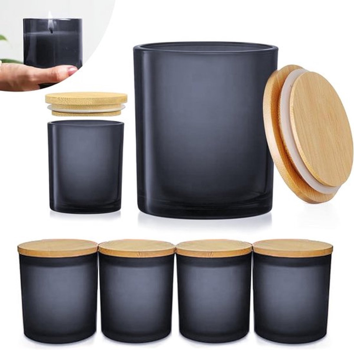 Lege Glazen Kaarsenhouders van 7 oz met Bamboe Deksel, Perfect voor Kaarsen Maken en Opslag, Set van 6 Stuks