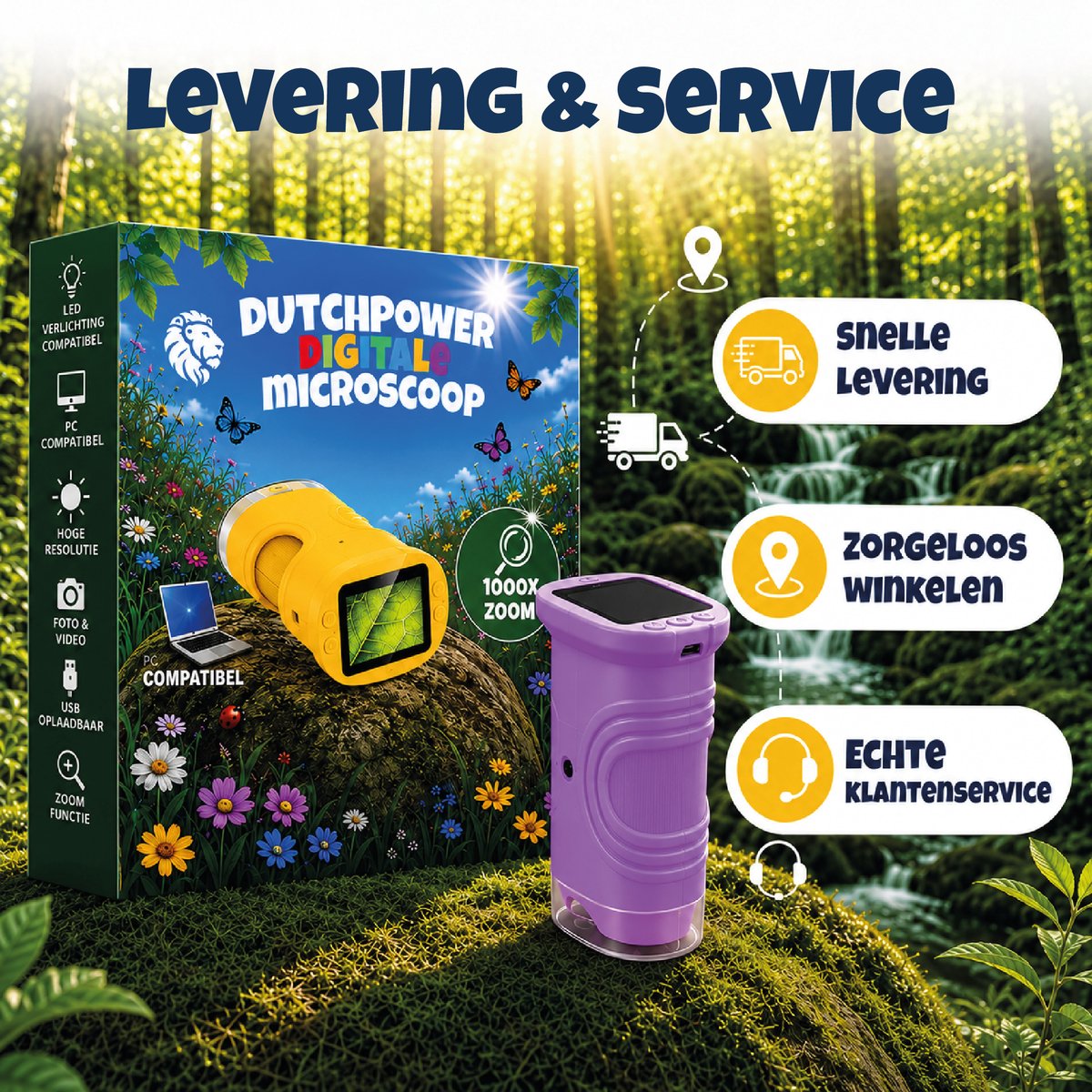 DUTCHPOWER Digitale Microscoop 1000x-4K-voor Kinderen – Draagbare Handmicroscoop met Foto & Video – STEM Educatief Speelgoed voor Ontdekken in Tuin en Natuur – Geschikt voor 4 t/m 12 jaar-paars — afbeelding 7
