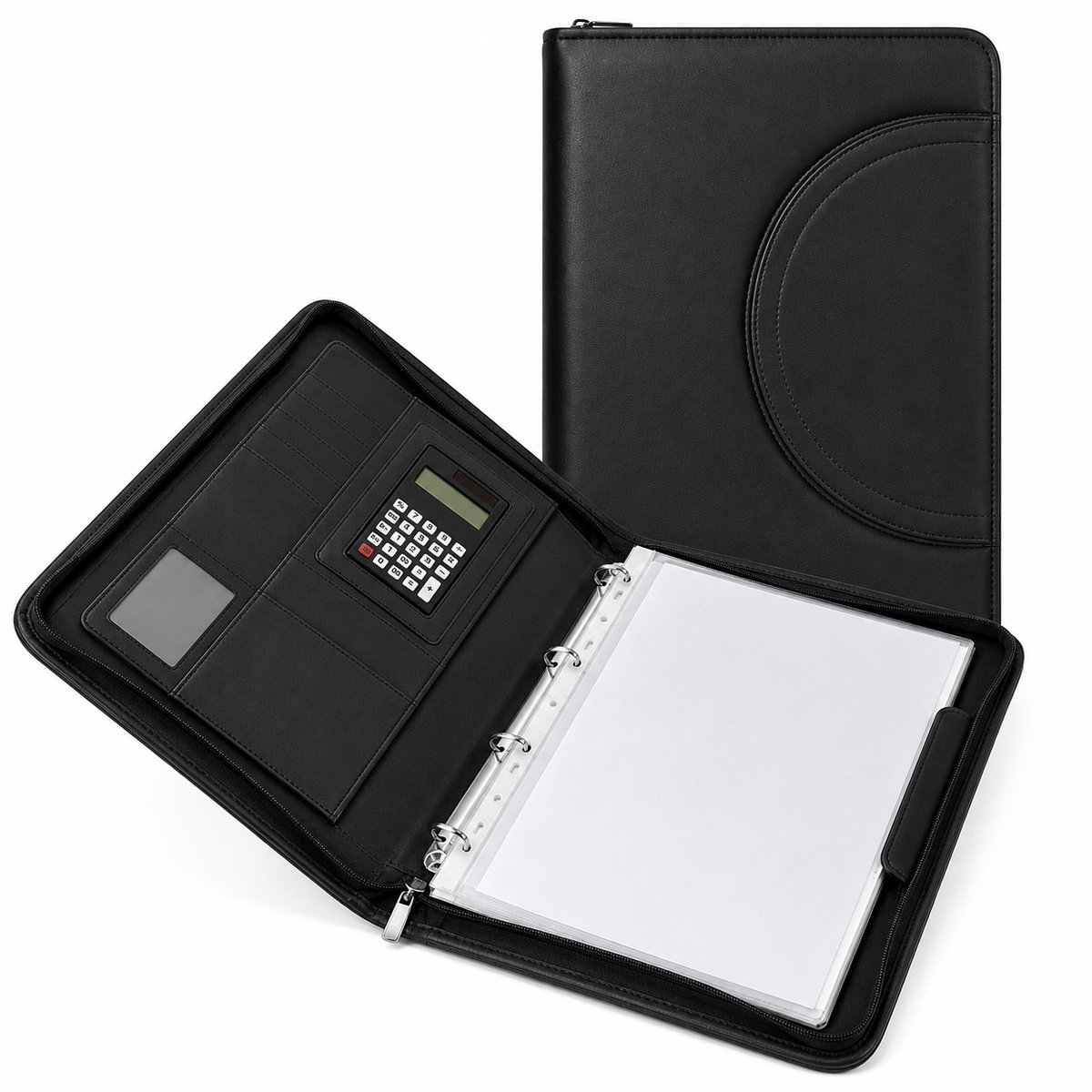 Sercano Schrijfmap A4 met Rits en Handvat – Conferentiemap met 4-Rings Ringband – 12-Cijferige Rekenmachine – Notitieblok & Documentenvakken – PU Leer – Zwart