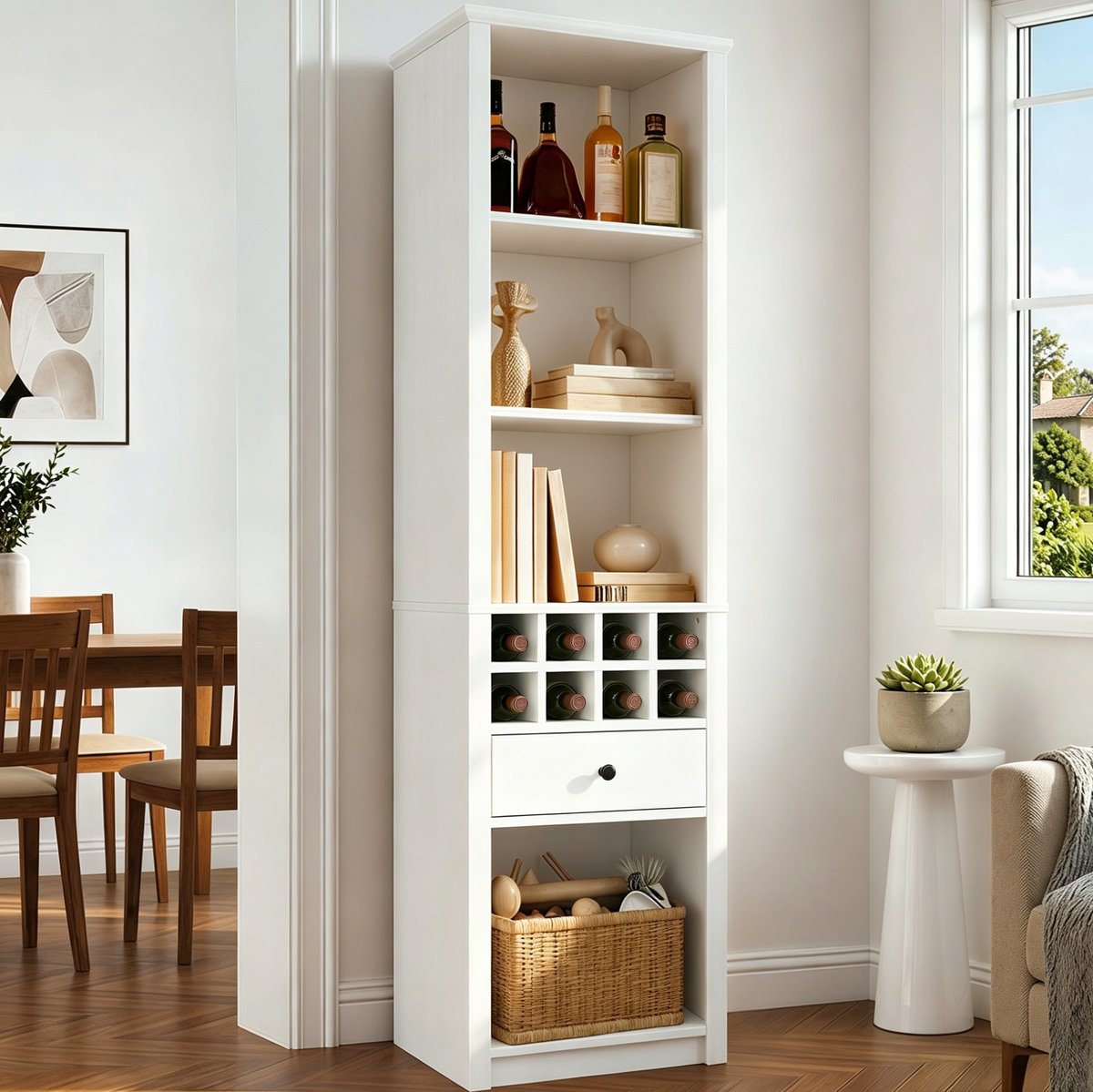 FloraGrace Kast - Open Vitrinekast Met LED En Lade - Voor Woonkamer Keuken En Eetkamer - MDF - Wit - 55x40x200 Cm