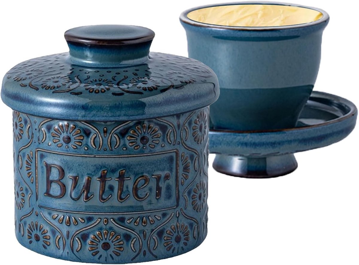 Elegante keramische botervloot met deksel, watergekoeld, voor 250g boter, gegraveerde boterhouder in blauw, ideaal voor vers houden