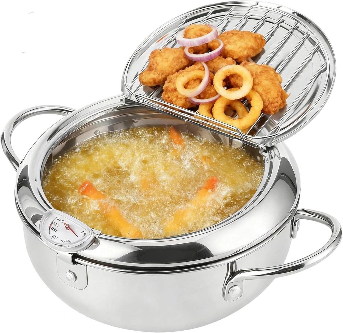 Frituurpan Japanse Stijl Kleine Friteuse Keuken en Camping Met Geïntegreerde Thermometer 20 cm Zilver