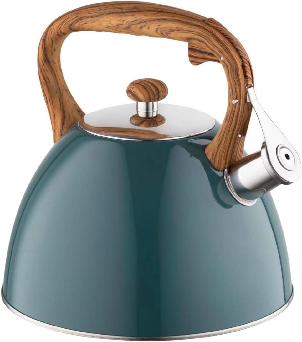Waterketel RVS - Theepot Koken - Water Verwarmen - Automatisch Fluitje - 2.5 Liter - Donkergroen Mat