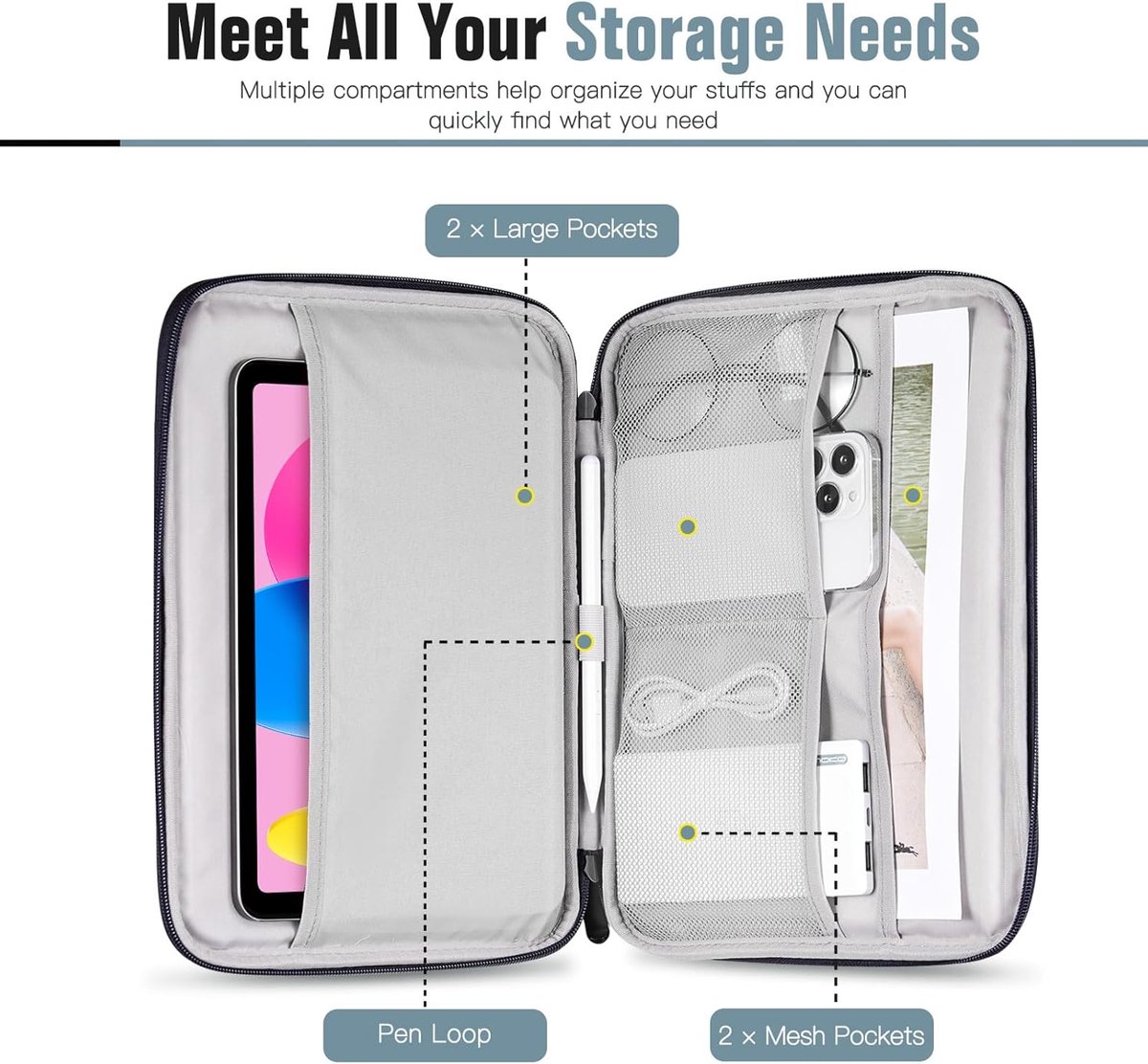 SnelShoppen - Tablet Sleeve 9-11 Inch met Voorvak voor iPad en Galaxy Tab, Indigo | Beschermhoes, Geschikt voor iPad 11-inch A16 2025, 10.9", 10.2" en