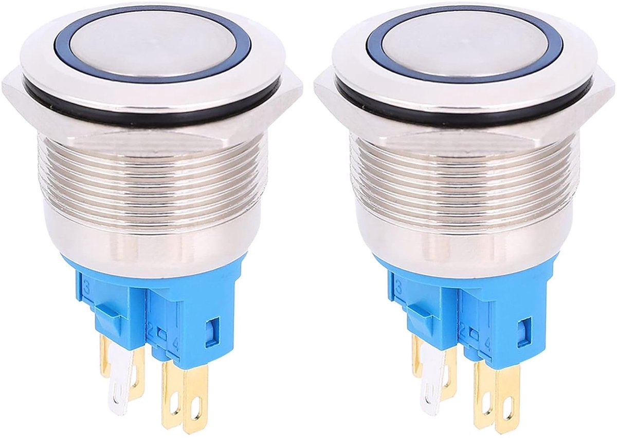 SnelShoppen - 2Pcs Drukknop Schakelaar, Industriële Controle Componenten, 6-Pin Ring Reset Schakelaar, RVS Drukknop Inbouw, Blauw, DC 12-24V