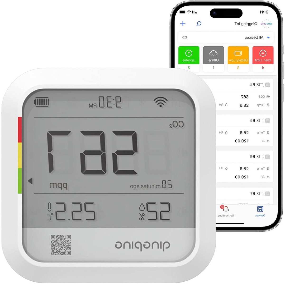 Slimme CO2 Meter - Luchtkwaliteit Monitor - Binnenklimaat Bewaken - Wi-Fi Connectiviteit - 2600mAh Batterij - Wit