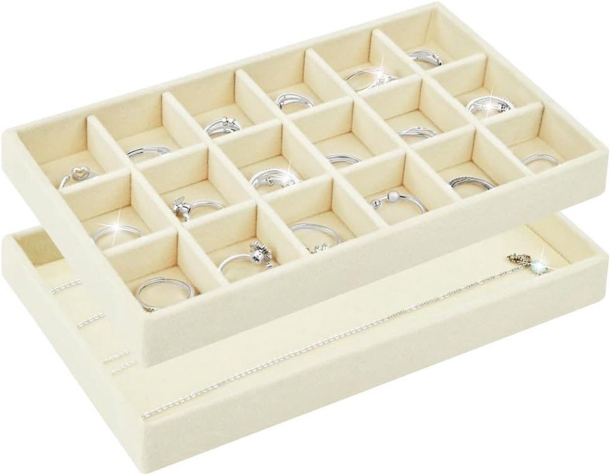 SnelShoppen - Stackbare Sieradendoos met 18 Compartimenten en Grote Lade voor Oorbellen, Kettingen, Ringen, Beige, Velvet en MDF, Perfect voor Organis