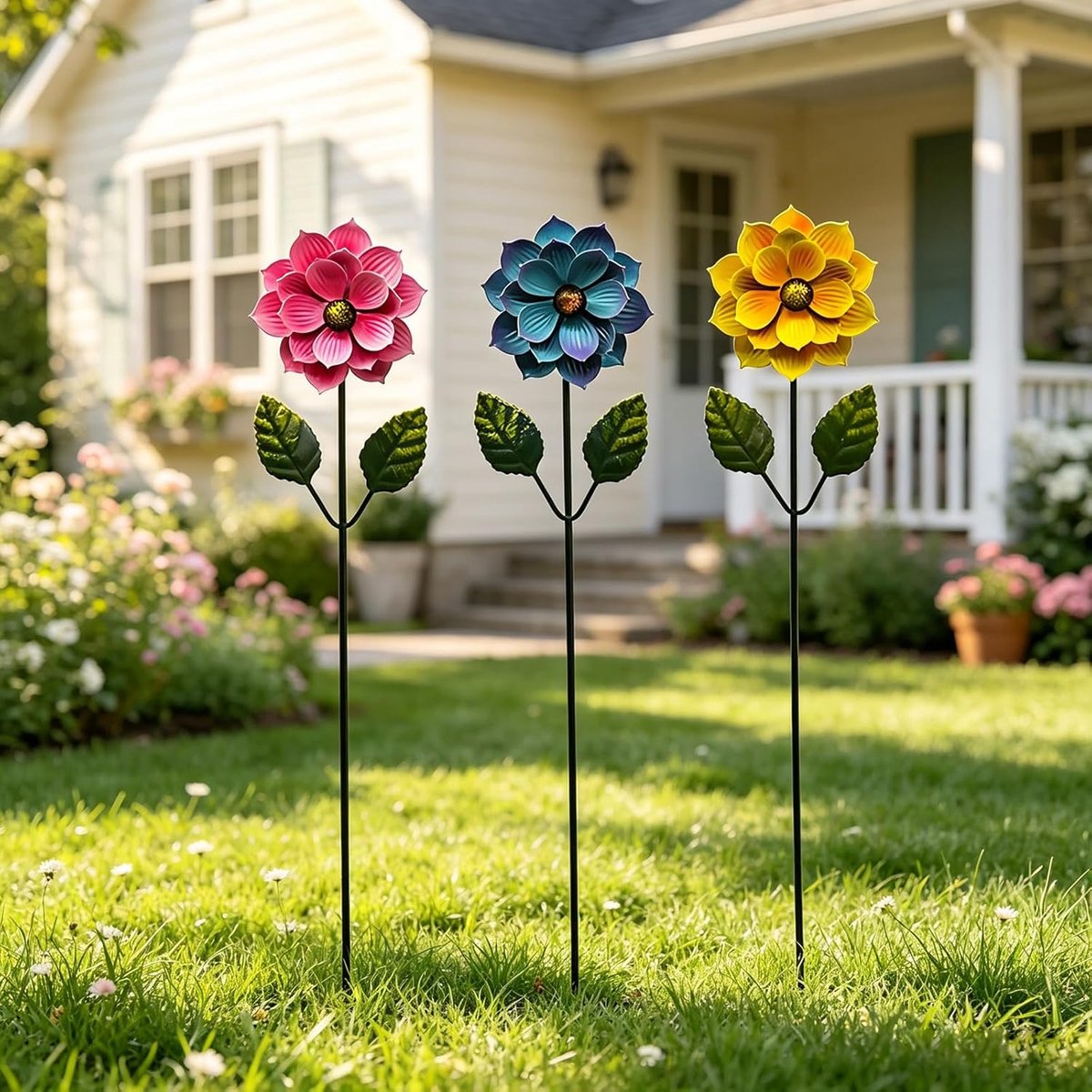 SnelShoppen - Set van 3 Metalen Tuinstekers, Kleurrijke Bloemensteker, Decoratieve Tuinpalen, Tuindecoratie, Bloempalen voor Tuin, Gazon, Binnenplaats