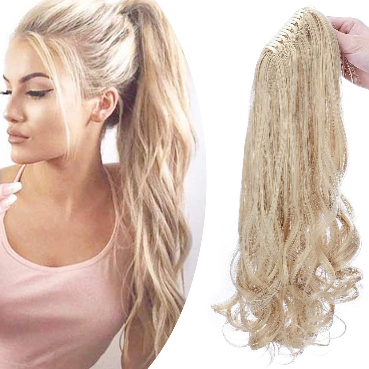 SnelShoppen - Ponytail Vlecht met Clip Haarstuk Haarverlenging Hittebestendig 45 cm Goudmix Bleach Blondes Recht + Golvend