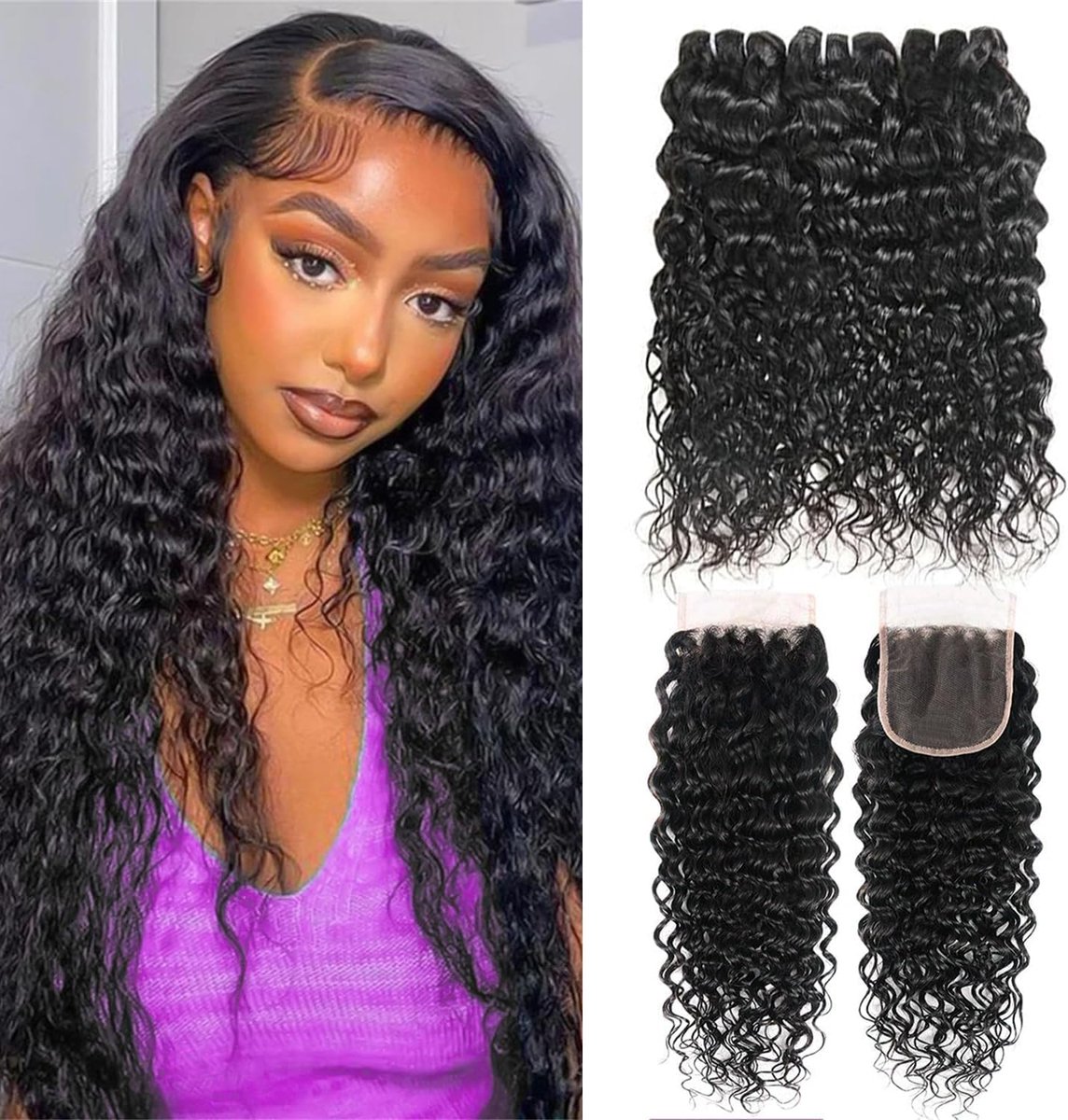 SnelShoppen - Braziliaanse Virgin Mensenhaar Bundels, Watergolf Bundels met Sluiting, 100% Ongemodificeerd Braziliaans Haar, Krullende Extensions met