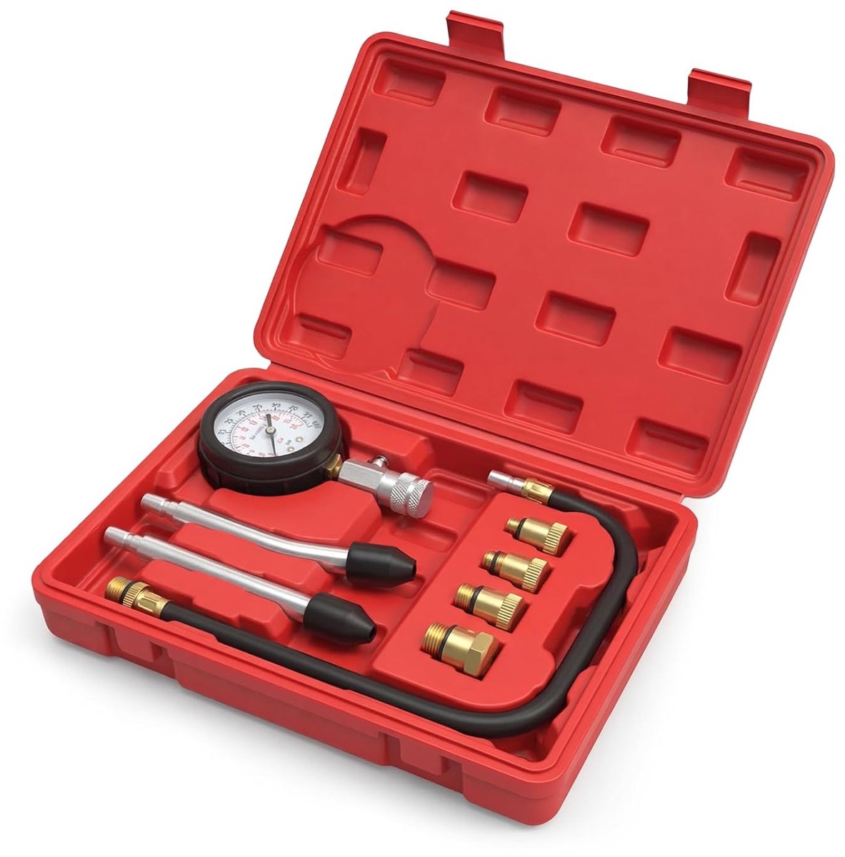 SnelShoppen - Compressietester Set met 4 Adapters M10, M12, M14, M18 - Professionele Compressiemeter voor Motoren - Inclusief Slangen en Opbergtas