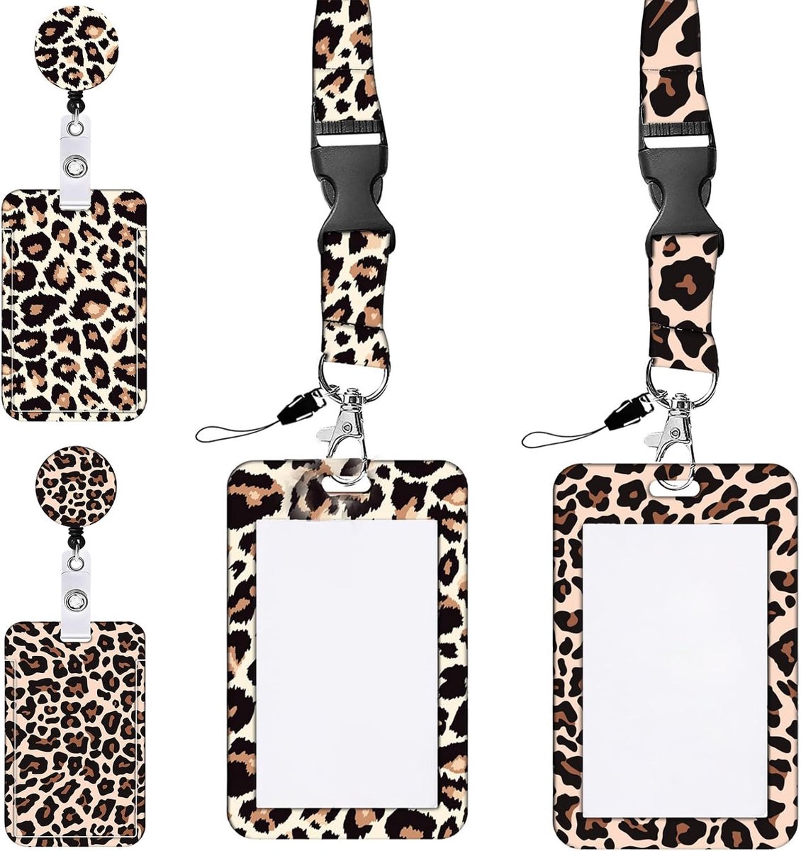 Plastic kaarthouderset met luipaardpatroon - Verpleegaccessoires met riem en ID-kaarthoes - Sleutelhanger en zorgaccessoires