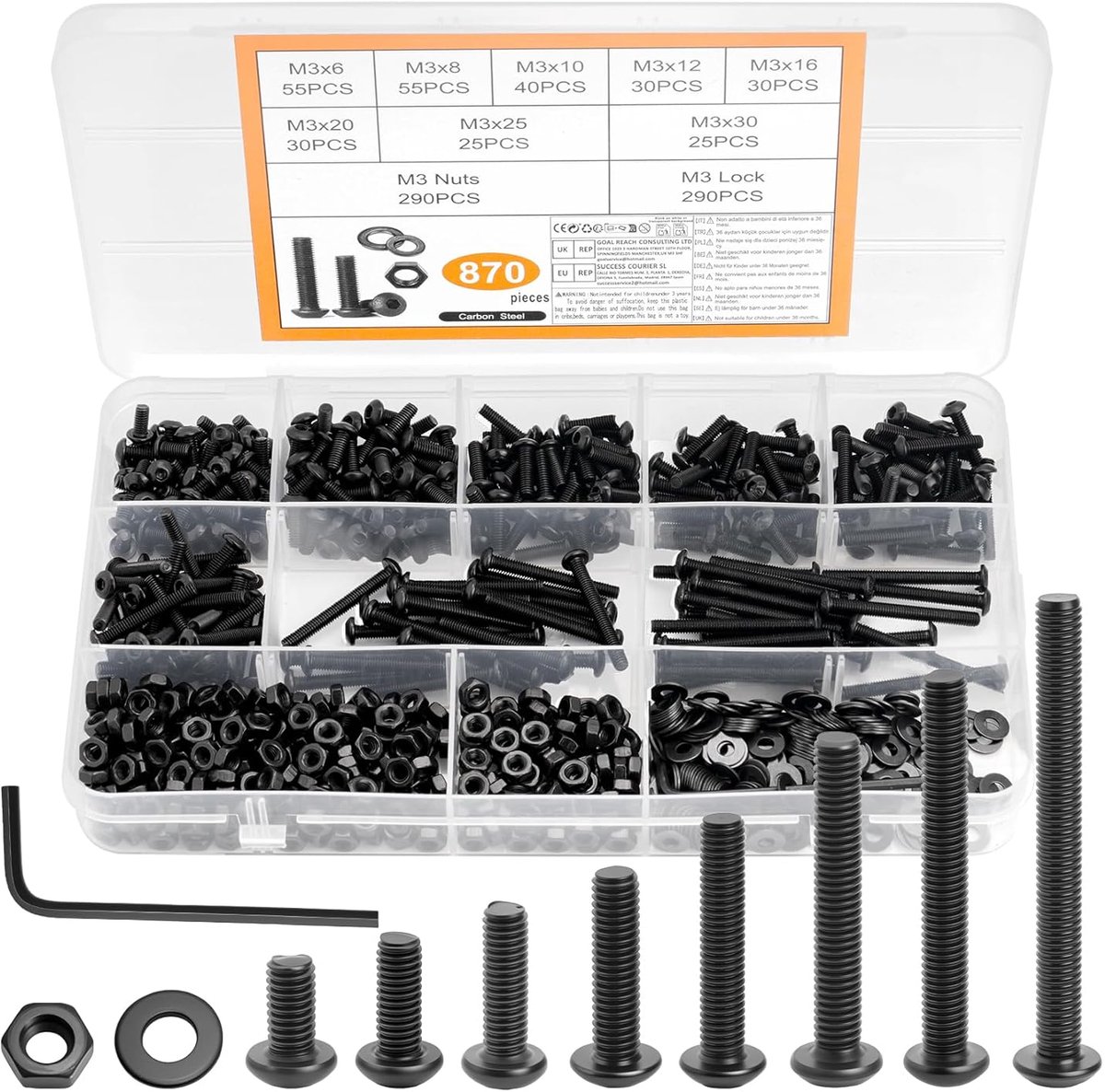 870pcs M3 Screw Set, Lens Head Screws, Nuts, Machine Screws and Nuts, Black Hex Socket Screws, Threaded Screws - ShopVlot