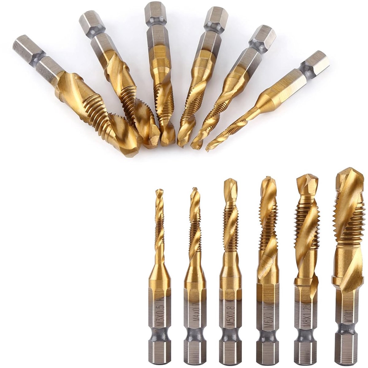 SnelShoppen - HSS Boor en Tap Set 6-delig M3-M10 Titanium Coated Hoogwaardige Staal Boor met 1/4" Hex Schacht voor Precisie en Betrouwbaarheid