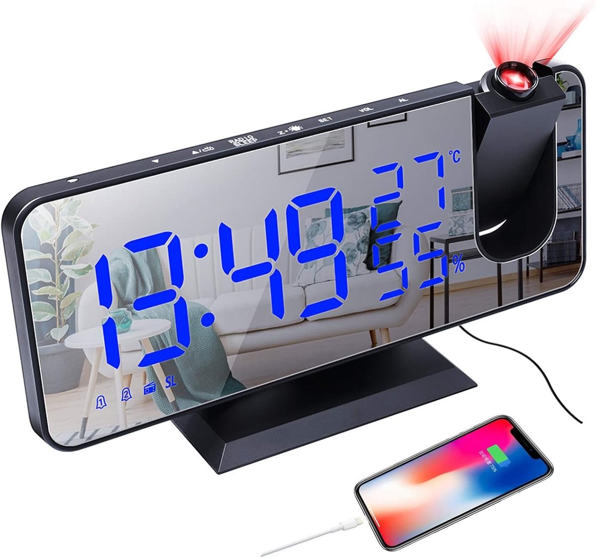 SnelShoppen - Projectie Alarmklok, Digitale LED Klok met Spiegeloppervlak, USB Oplaadpoort, Herhaal Alarm, Dubbel Alarm, FM Radio, 3 Dimmingsstanden,