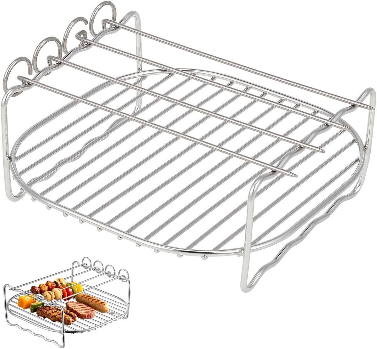 SnelShoppen Airfryer Accessoires Dubbele RVS Grillrooster met Spiesen 18 x 7 cm Vierkant Voor Airfryer en Casserole Ideaal voor Stomen Bakken
