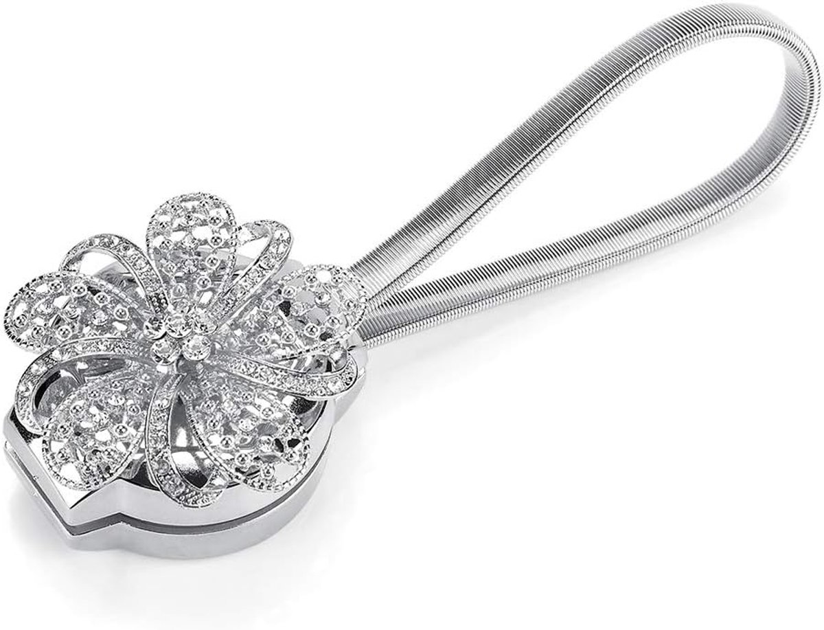 SnelShoppen - Magnetische Crystal Bloem Gordijnclip, Zilver, Verstelbare Tieback Houder 33cm voor Thuis en Kantoor Decoratie