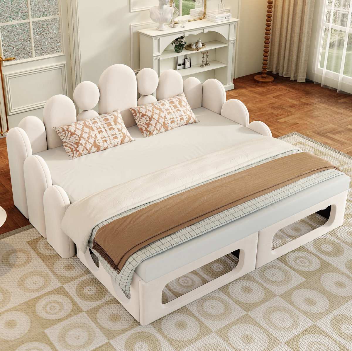REDOM - Slaapbank - 2-in-1 opbouw met apart ondergedeelte - Lattenbodem - Dierenbed - Modern - Woonkamer en slaapkamer - Stof en MDF - Beige - 216,5 x 187 x 105 cm