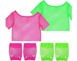80s 90s retro outfit voor vrouwen, off-shoulder net shirt, neon top met 2 paar handschoenen voor feest, cosplay en carnaval