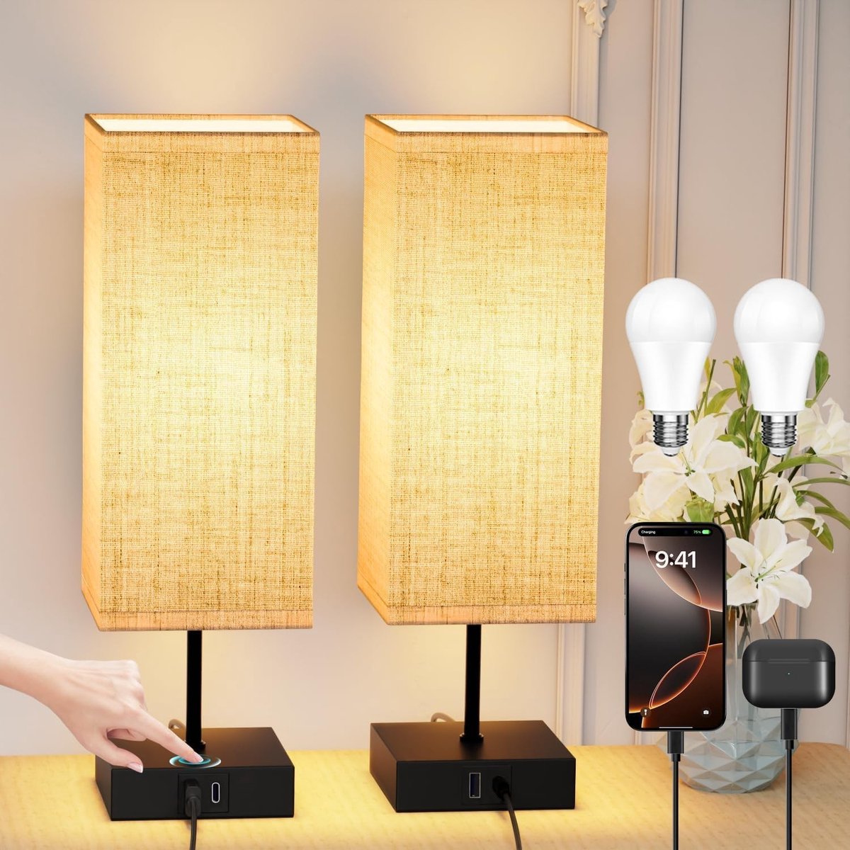 Tafellamp Set van 2 - Beige - Dimbaar met 3 Kleurtemperaturen - Touch Bedlampje met USB-A+C Aansluiting - Voor Thuisgebruik