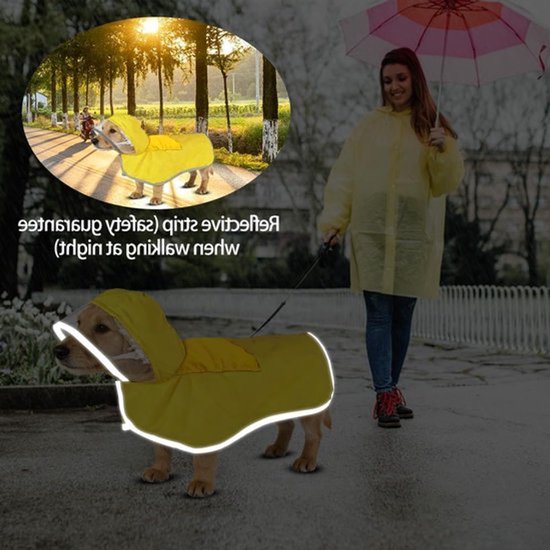 Gele hondenregenjas met reflecterende strepen in de regen, met loopster.