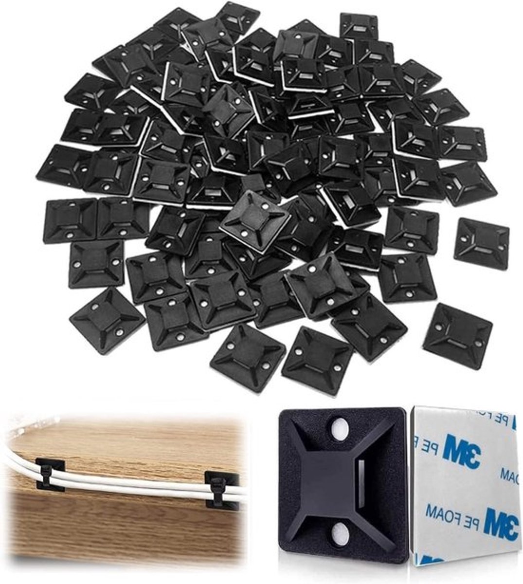 Zelfklevende montagebasis voor kabelbinders, bevestigingshouder voor kabels, schroefbasis voor kabelbeheer, ideaal voor stroomkabels, 18.5 x 18.5 x 6.4 mm, duurzaam en eenvoudig te installeren