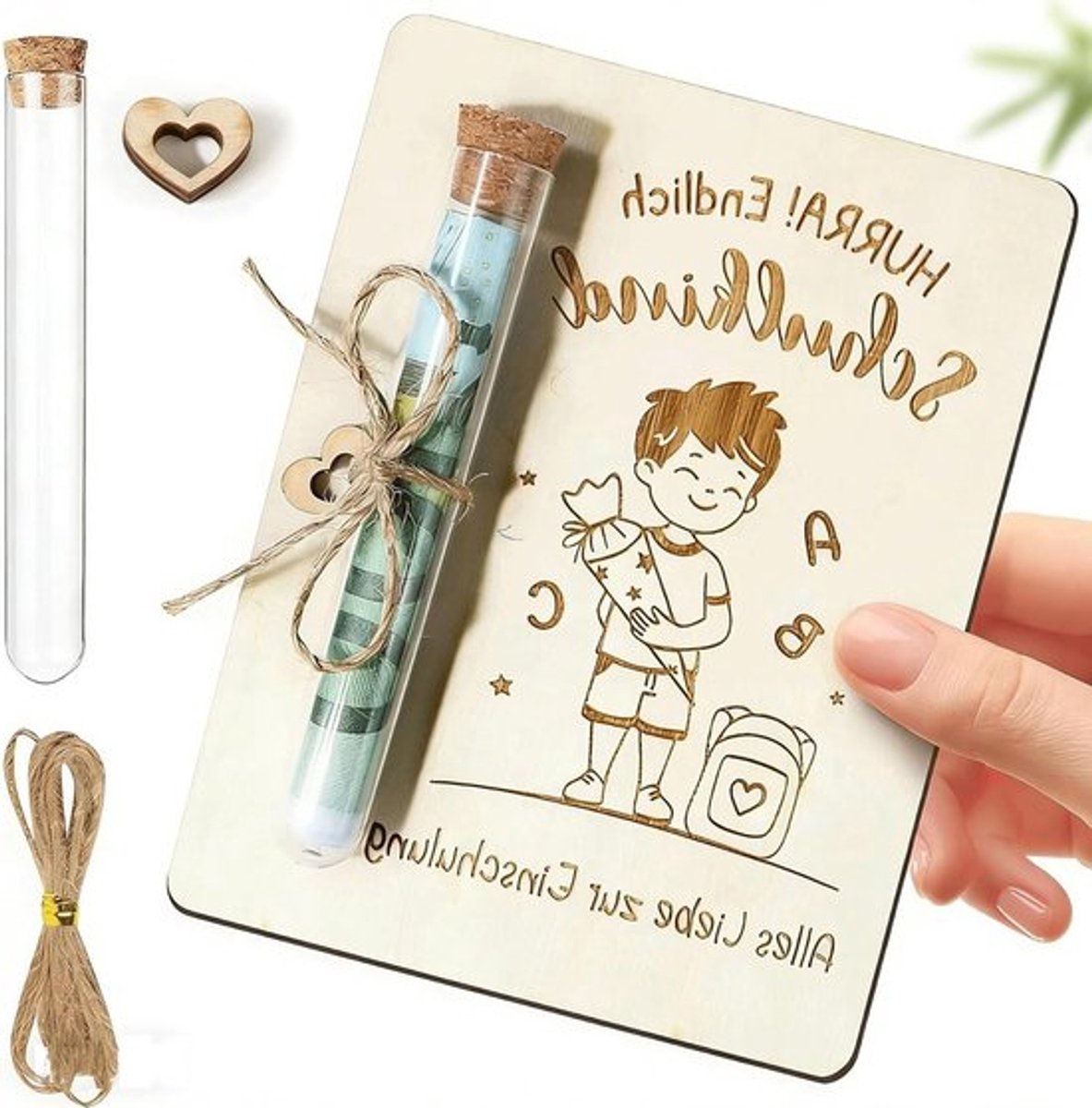 Verpakking voor geldgeschenk en cadeaubon, inclusief transparante spuit en kurkhouder voor eerste schooldag (jongen)