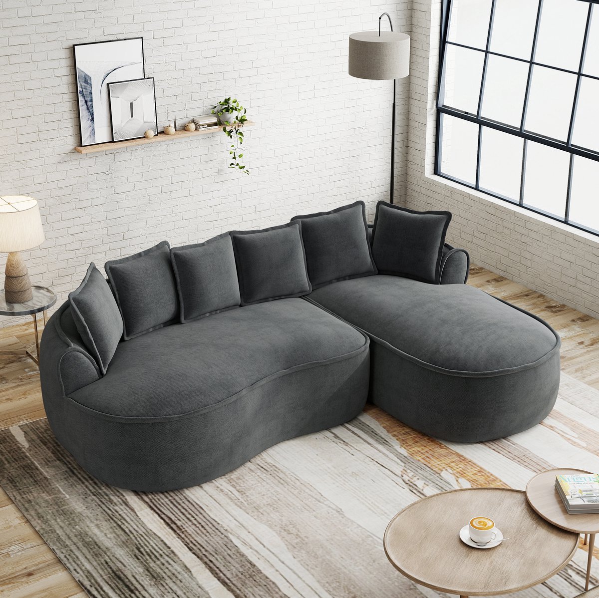 MEUNIQ L-vormige hoekbank 252 x 164 x 67 cm, frameloos modulair ontwerp met diepe chaise longue, chenille bekleding, 3-zits voor woonkamer, grijs