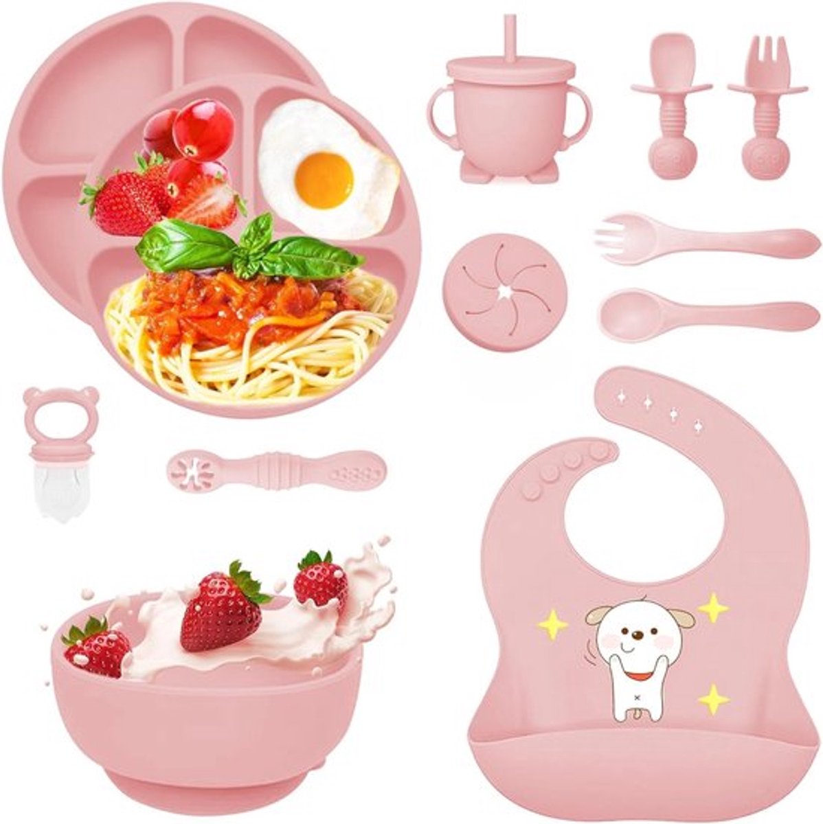 Complete Baby Eetset van 12 Stuks met Antislip, Siliconen Bord, Kom, Bestek en Slabbetje, Veilig en BPA-vrij, Ideaal voor Kinderen
