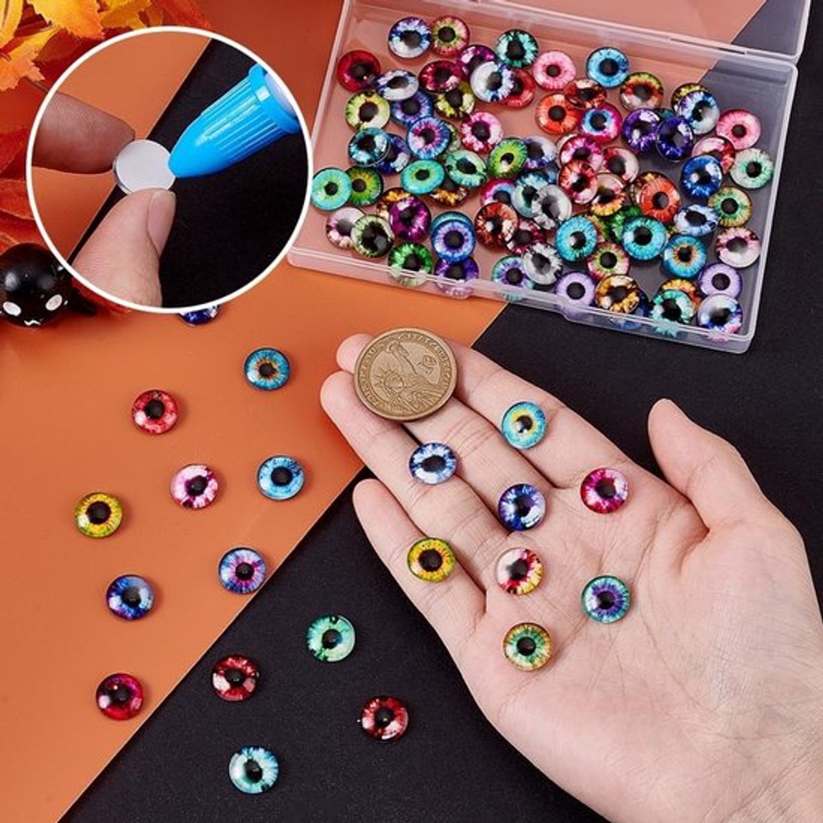 200 Stuks Glazen Ogen Cabochons in 50 Stijlen - Luminous Dierenogen 12mm Rond met Platte Achterkant voor Kleidolls, Kunstaccessoires en Fotocameo's