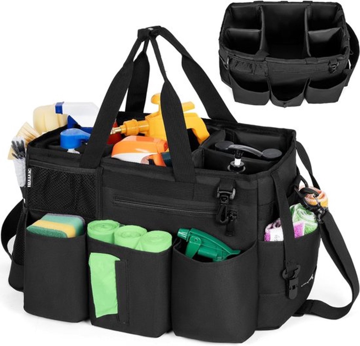 Draagbare Schoonmaak Organizer met Verwijderbare Scheidingswanden en Verstelbare Schouderriem - Schoonmaak Tas voor Huishoudelijke Hulp en Professionele Reinigers (38 x 22 x 26 cm, Zwart)