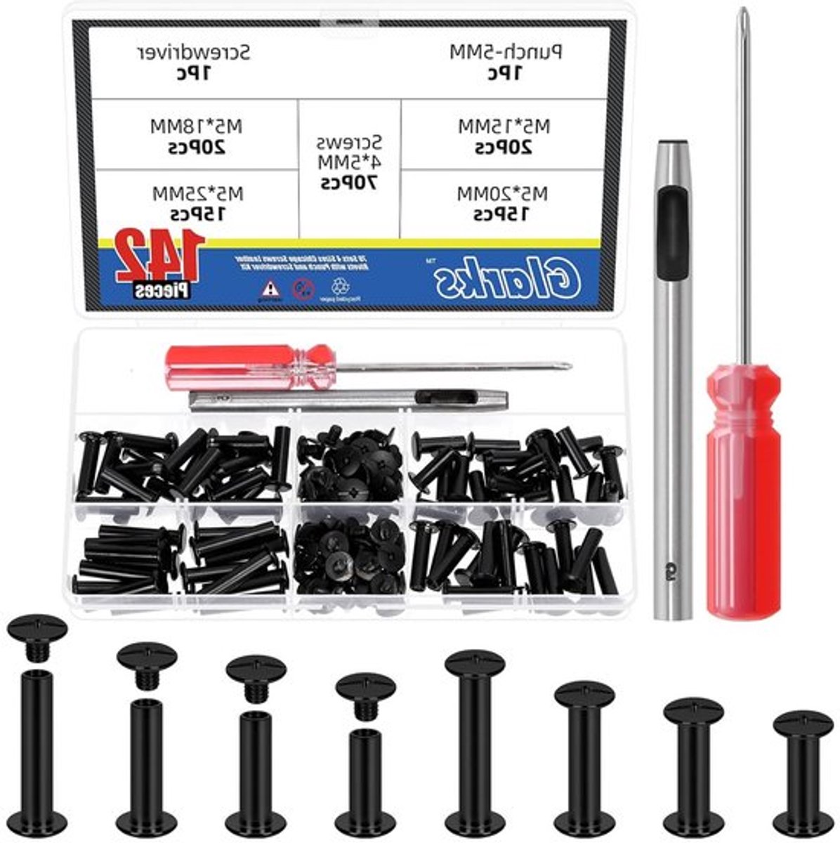 70 Sets M5 Chicago Screws Kit met 15/18/20/25mm Bevestigingsschroeven, Inclusief Punch en Schroevendraaier voor Binding en Bevestiging