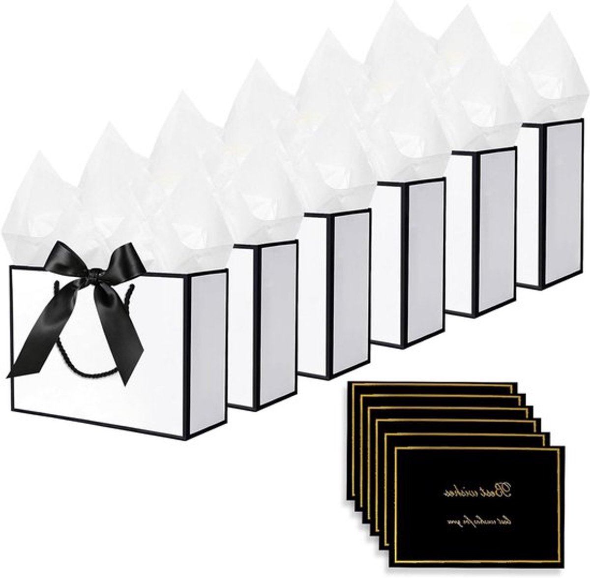 Grote Cadeautassen Set van 6 met Wenskaarten en Zakdoeken voor Verjaardagen, Bruiloften en Feesten (Wit-Zwart)