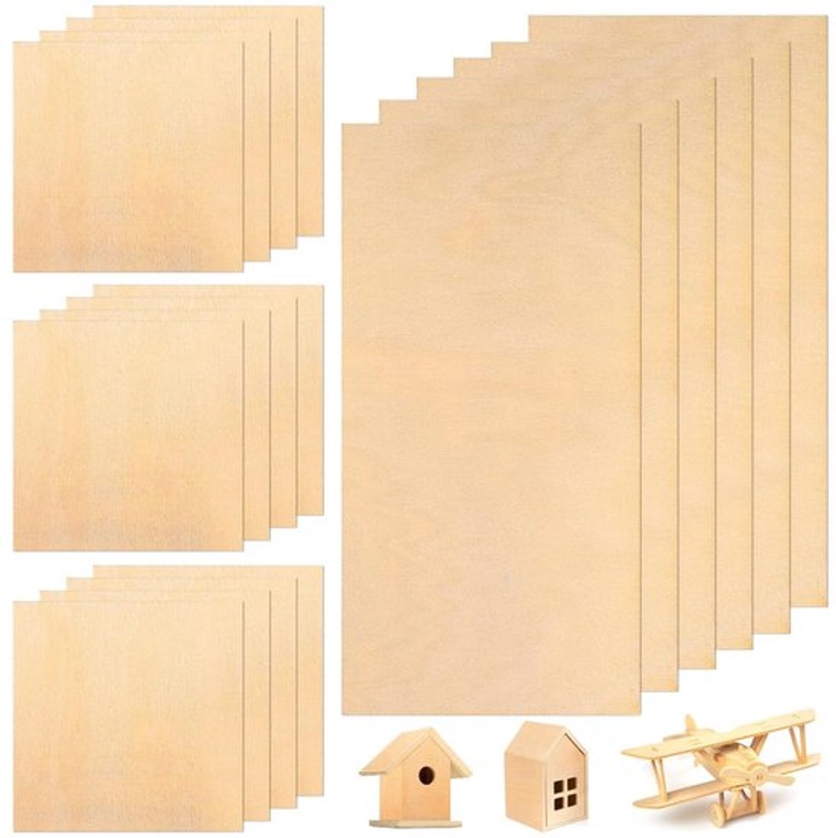 Set van 18 Onbehandelde Houten Platen voor Creatieve Projecten, Balsa Hout, Dunne Plywood, Ideaal voor DIY Kunst en Ambachten, Modelbouw en Graveren (100 x 100 mm, 100 x 200 mm)