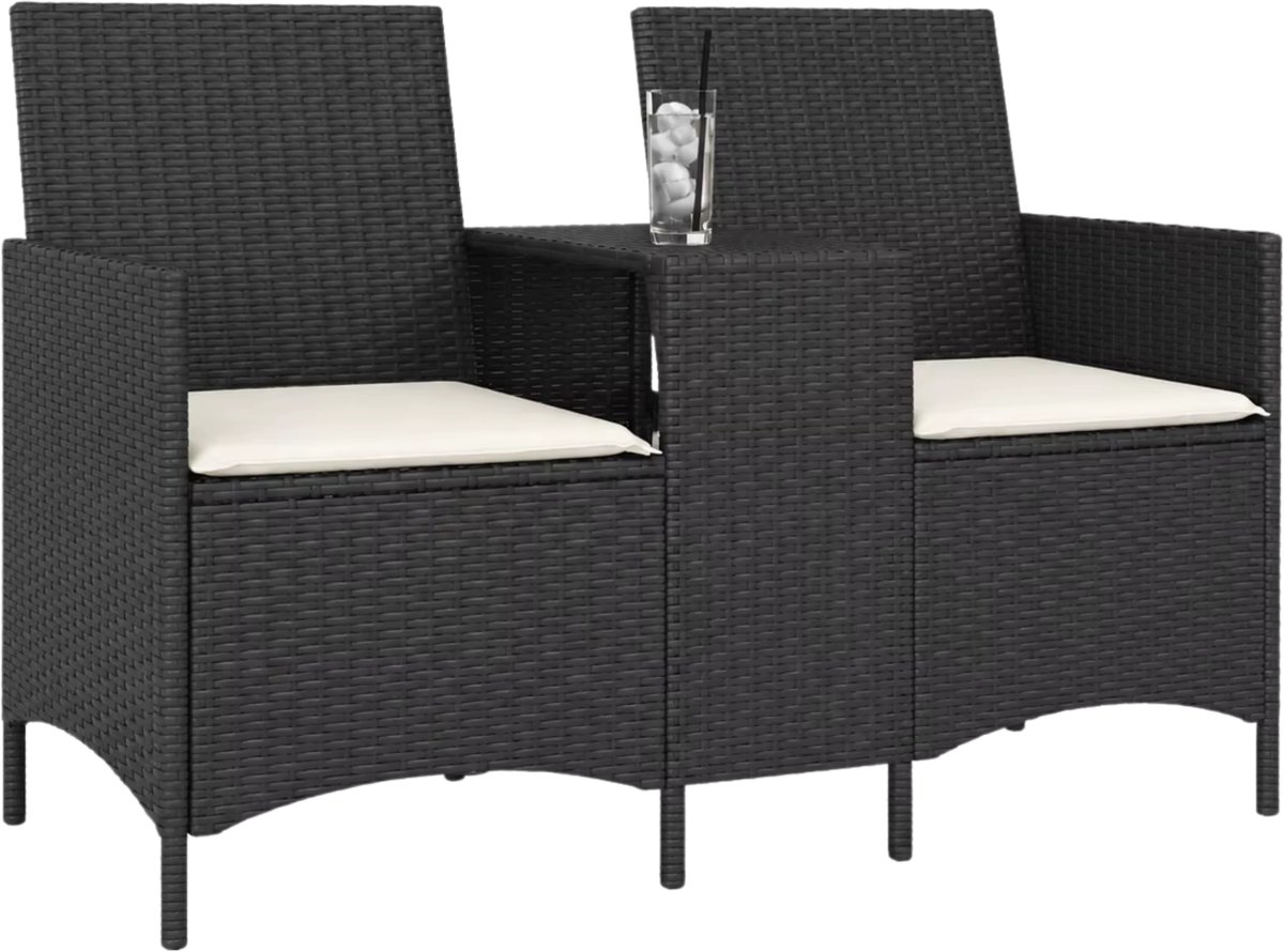 Tuinbank 2-Zits met Tafel Zwart – Poly Rattan Buitenbank met Kussens