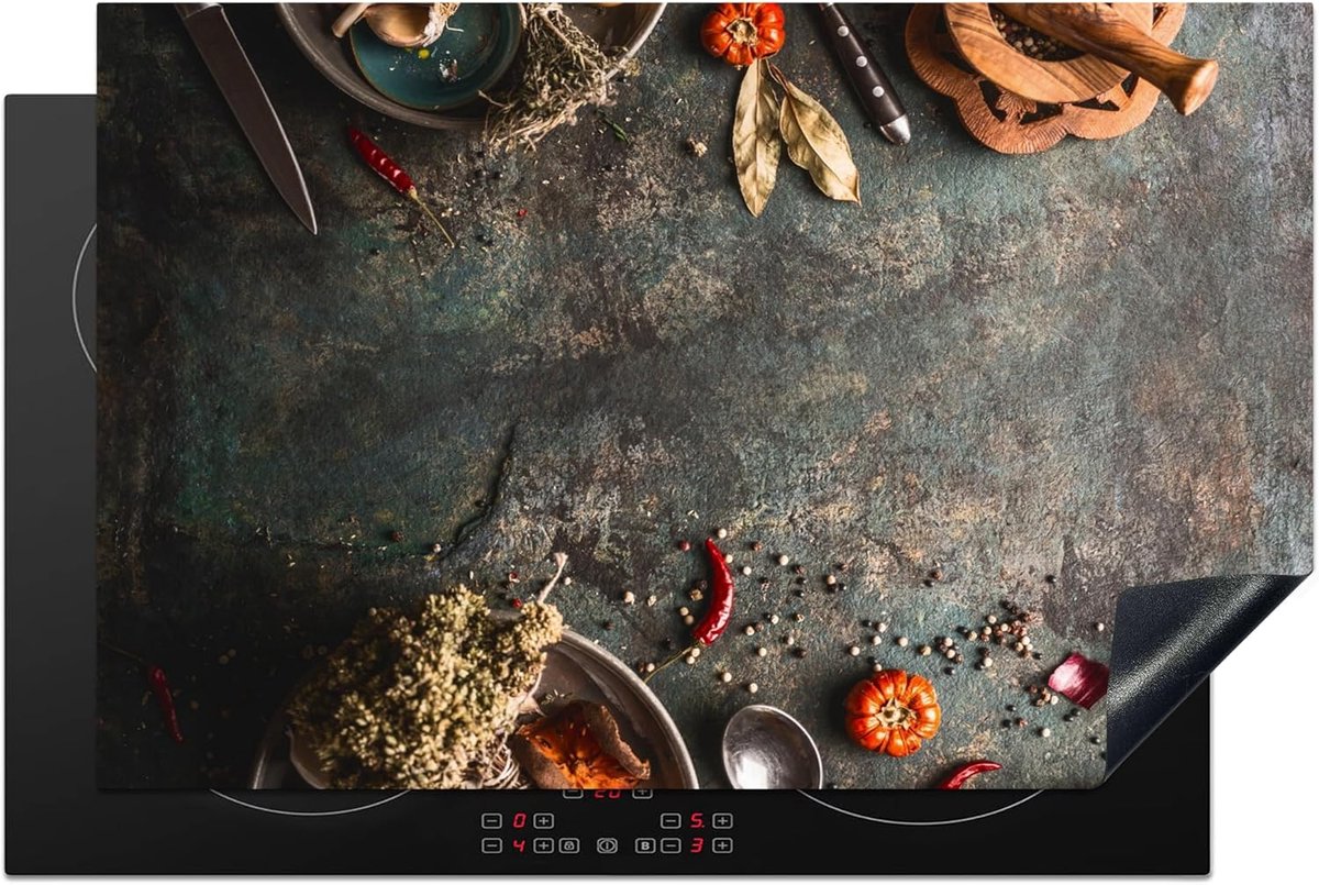 SnelShoppen - Inductiebeschermer 81x52cm Keuken Decoratie Kookplaat Beschermmat Antislip Mat - Marmer - Groenten - Herfst - Pompoen - Landelijk - Krui