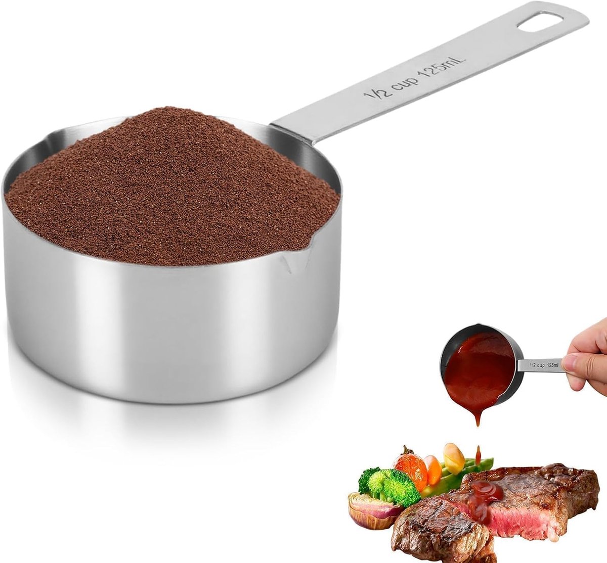SnelShoppen - RVS Maatbeker en Maatlepels Set met Opbergringen - Dual Pour Monden - Keukenbenodigdheden voor Koken en Bakken - 1/2 Maatbeker
