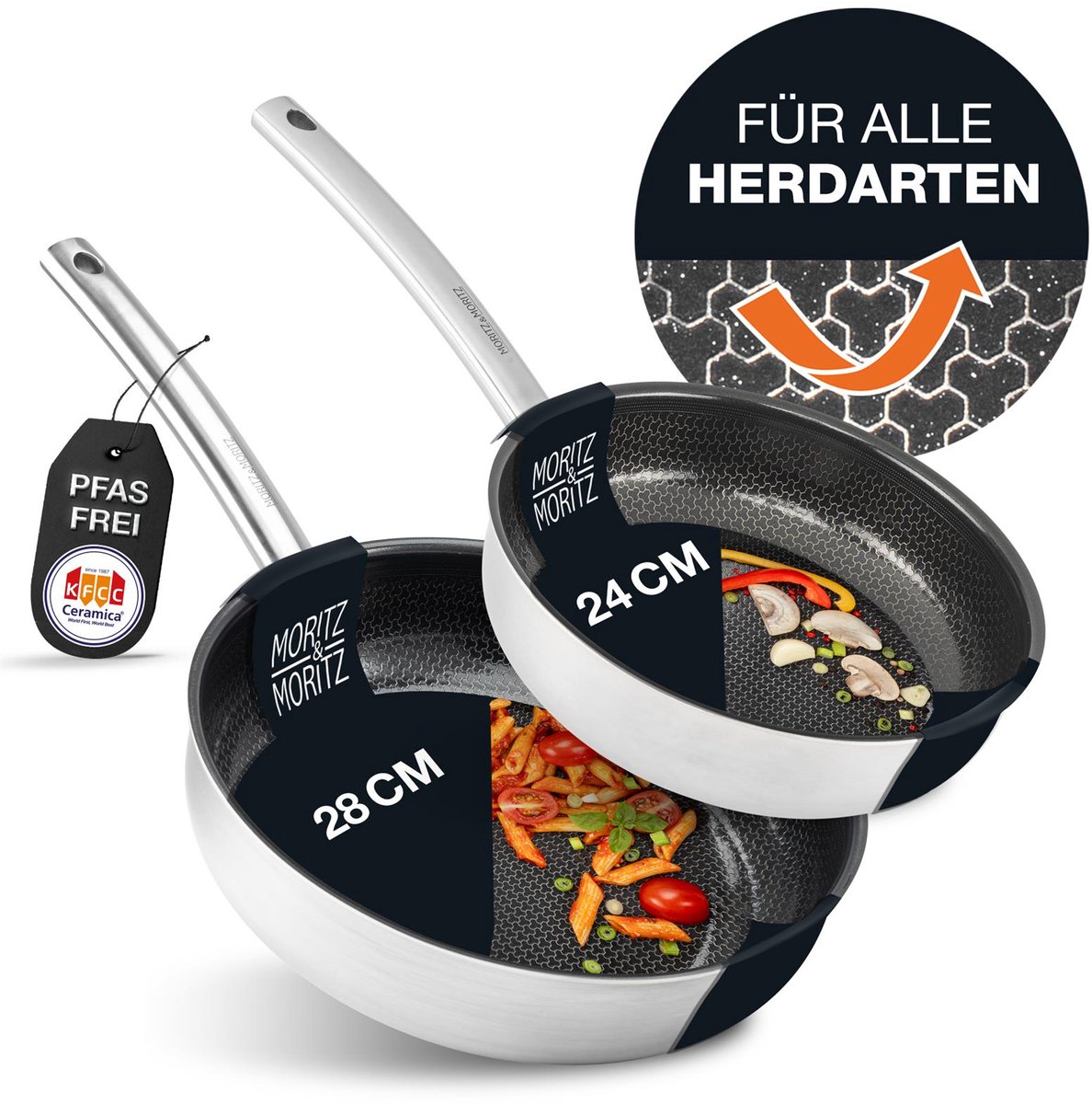 Moritz & Moritz Roestvrijstalen Koekenpannen Set - 24 & 28 cm Rechte Rand - Geschikt voor alle Warmtebronnen – Keramische Antiaanbaklaag en Honingraatstructuur